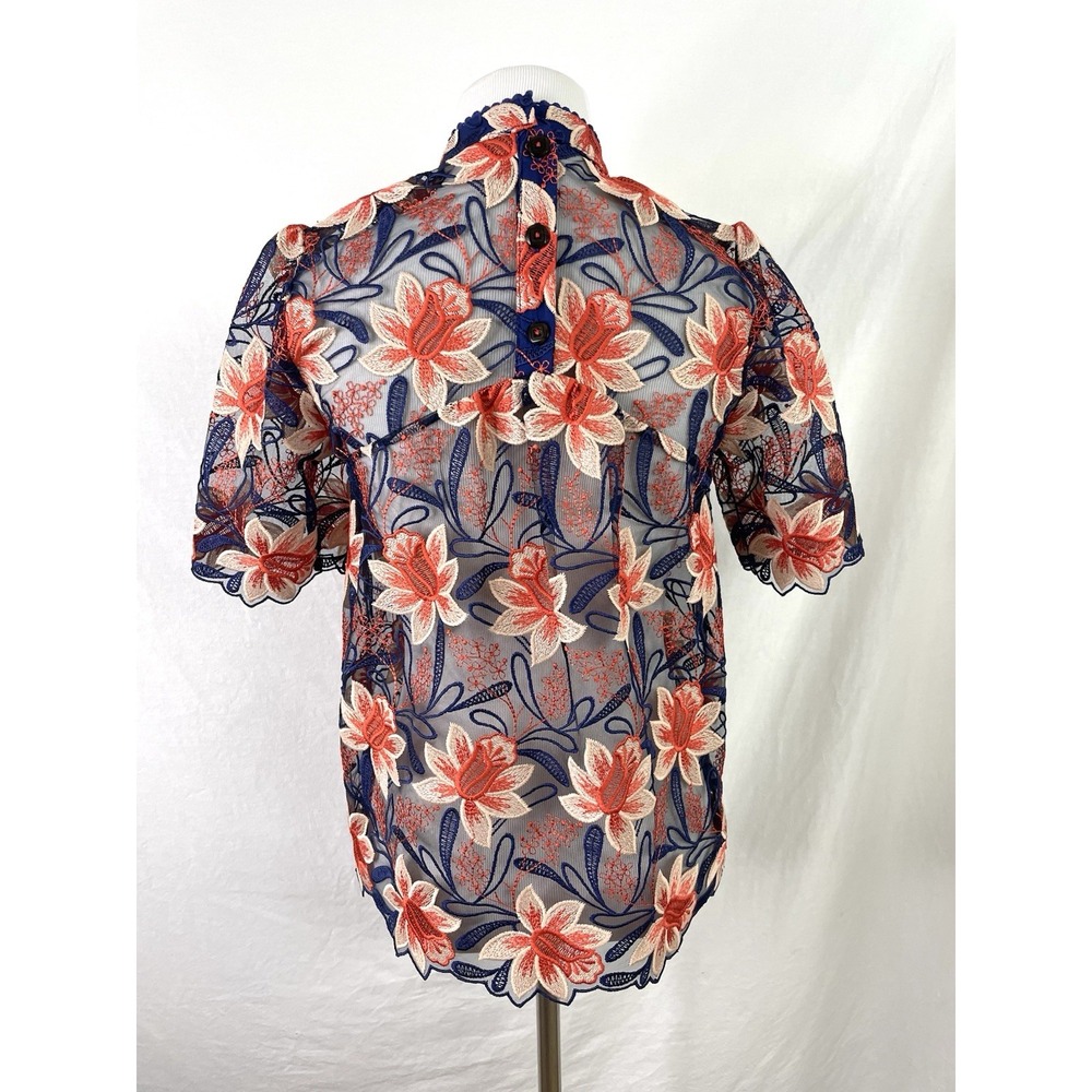 Anthropologie Top Womens 2 Mesh Embroidered Floral High Neck - Picture 3 of 8